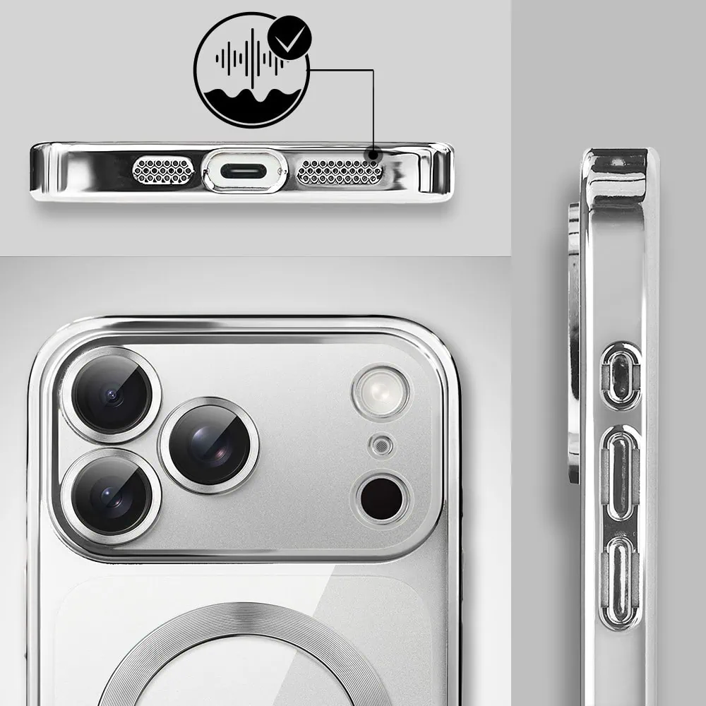 etui do iphone 18 pro max magsafe luxury protect przeźroczyste, hybrydowa ochrona kamery, srebrne