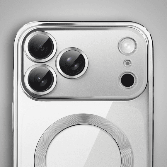 etui do iphone 18 pro max magsafe luxury protect przeźroczyste, hybrydowa ochrona kamery, srebrne