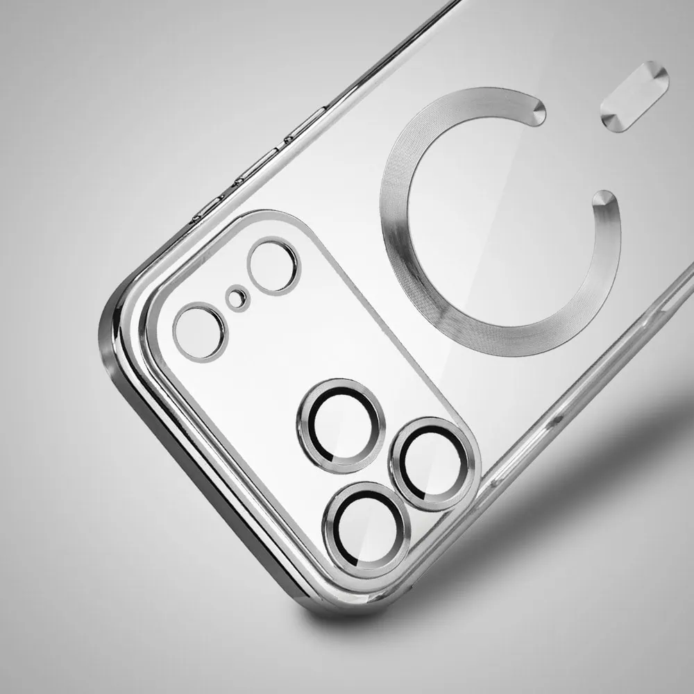 etui do iphone 18 pro max magsafe luxury protect przeźroczyste, hybrydowa ochrona kamery, srebrne