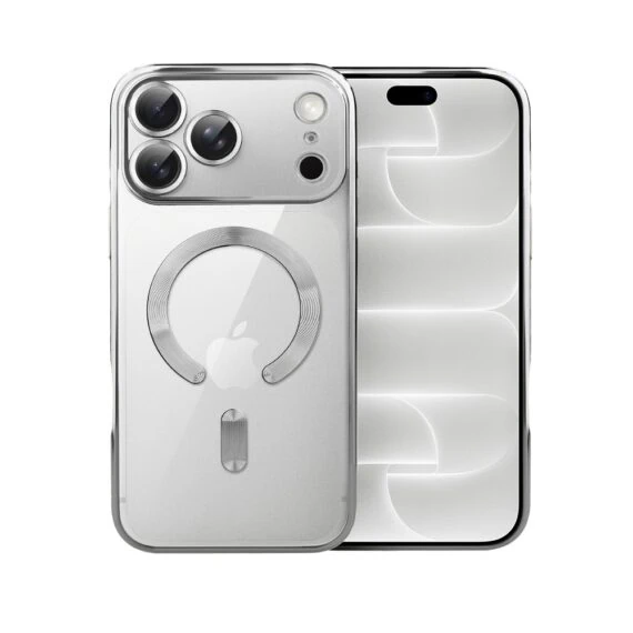 etui do iphone 18 pro max magsafe luxury protect przeźroczyste, hybrydowa ochrona kamery, srebrne