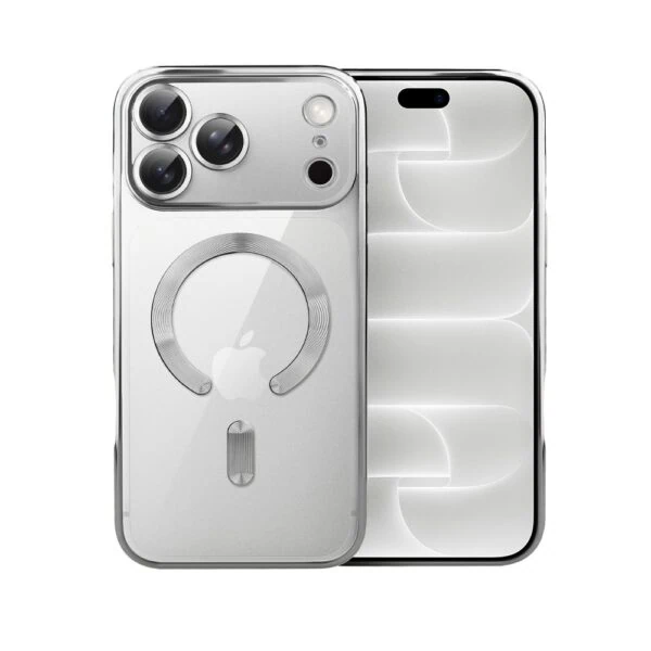 Etui do iPhone 18 Pro Max MagSafe Luxury Protect przeźroczyste, hybrydowa ochrona kamery, srebrne