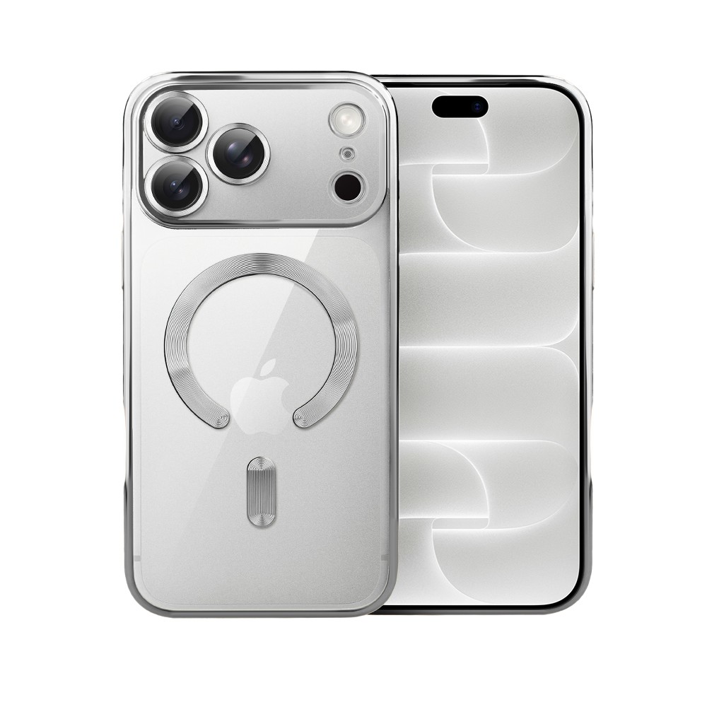 etui do iphone 18 pro max magsafe luxury protect przeźroczyste, hybrydowa ochrona kamery, srebrne
