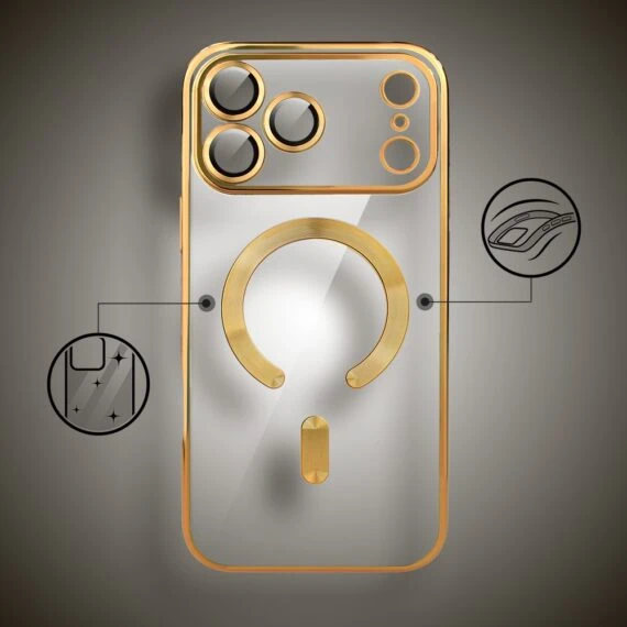 etui do iphone 18 pro max magsafe luxury protect przeźroczyste, hybrydowa ochrona kamery, złote