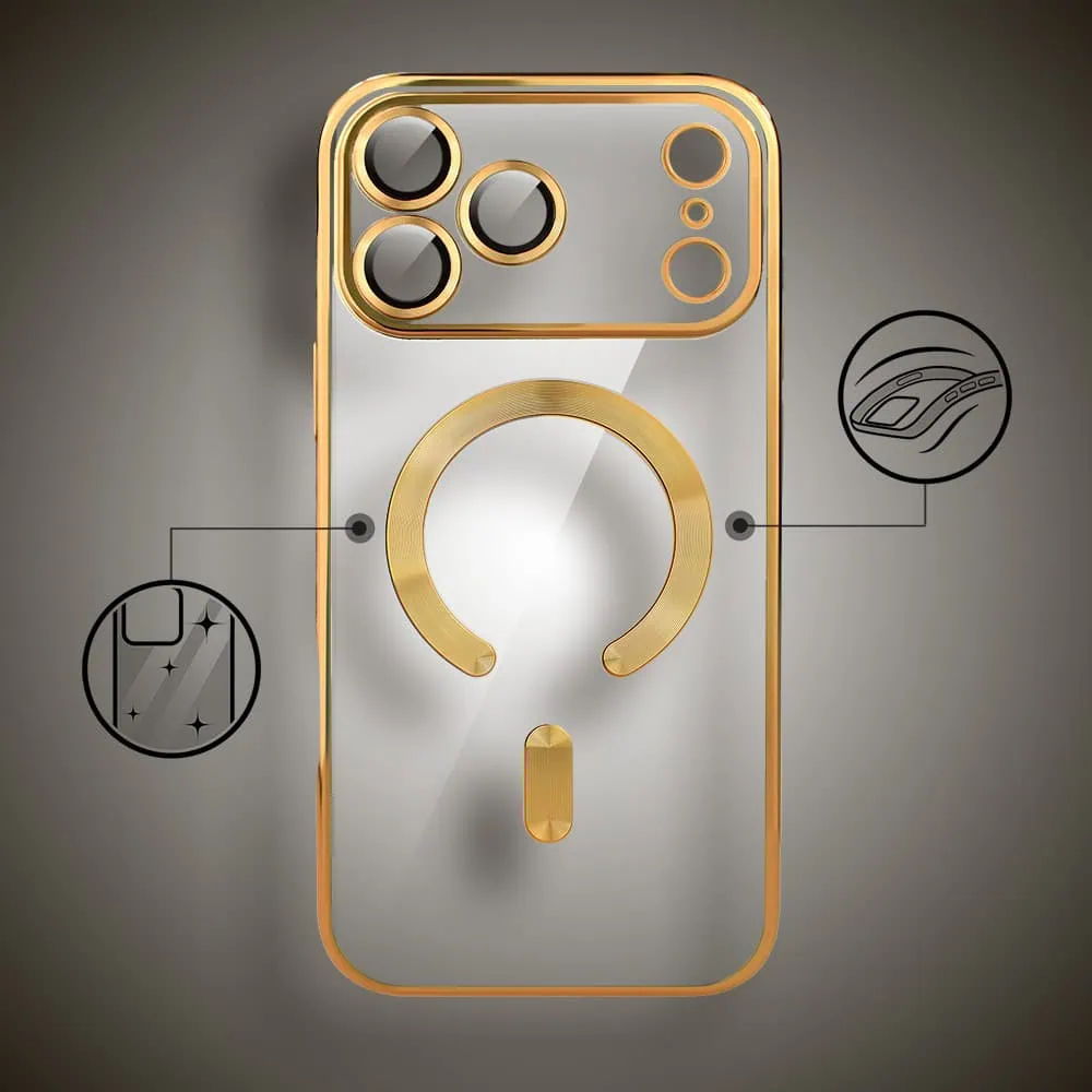 etui do iphone 18 pro max magsafe luxury protect przeźroczyste, hybrydowa ochrona kamery, złote