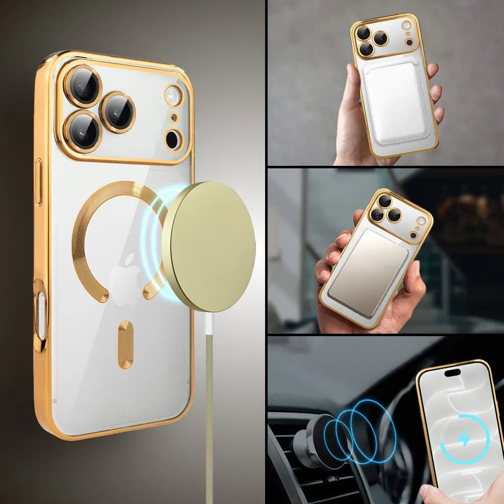 etui do iphone 18 pro max magsafe luxury protect przeźroczyste, hybrydowa ochrona kamery, złote