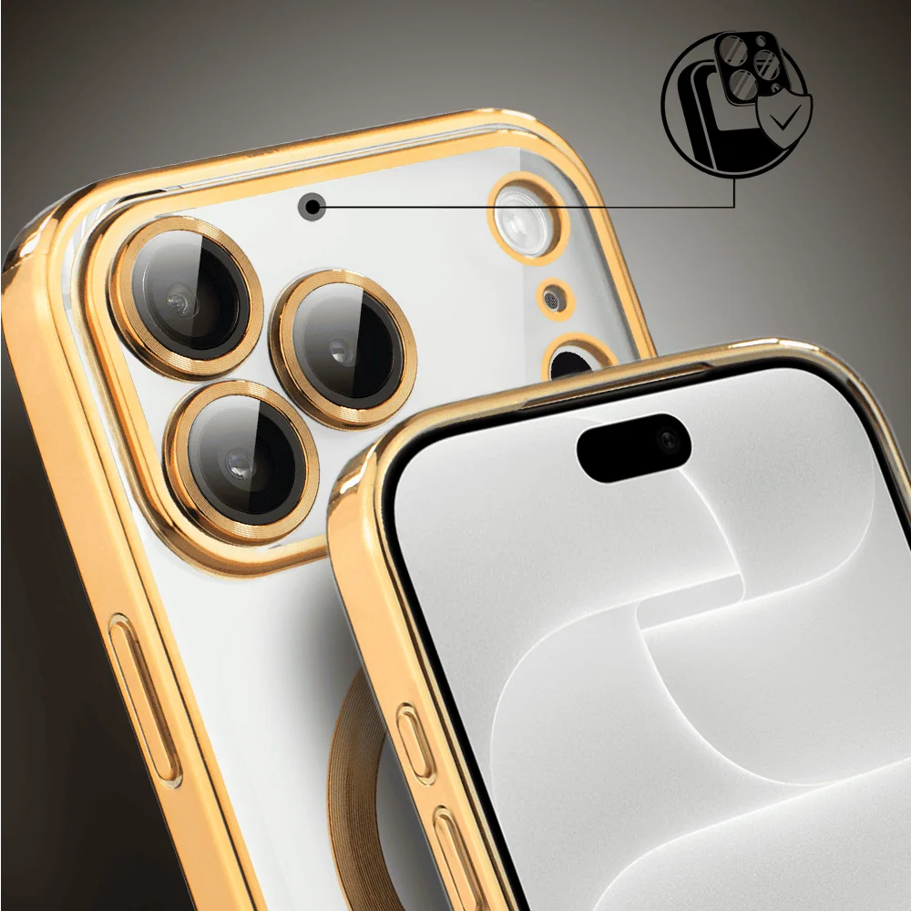 etui do iphone 18 pro max magsafe luxury protect przeźroczyste, hybrydowa ochrona kamery, złote