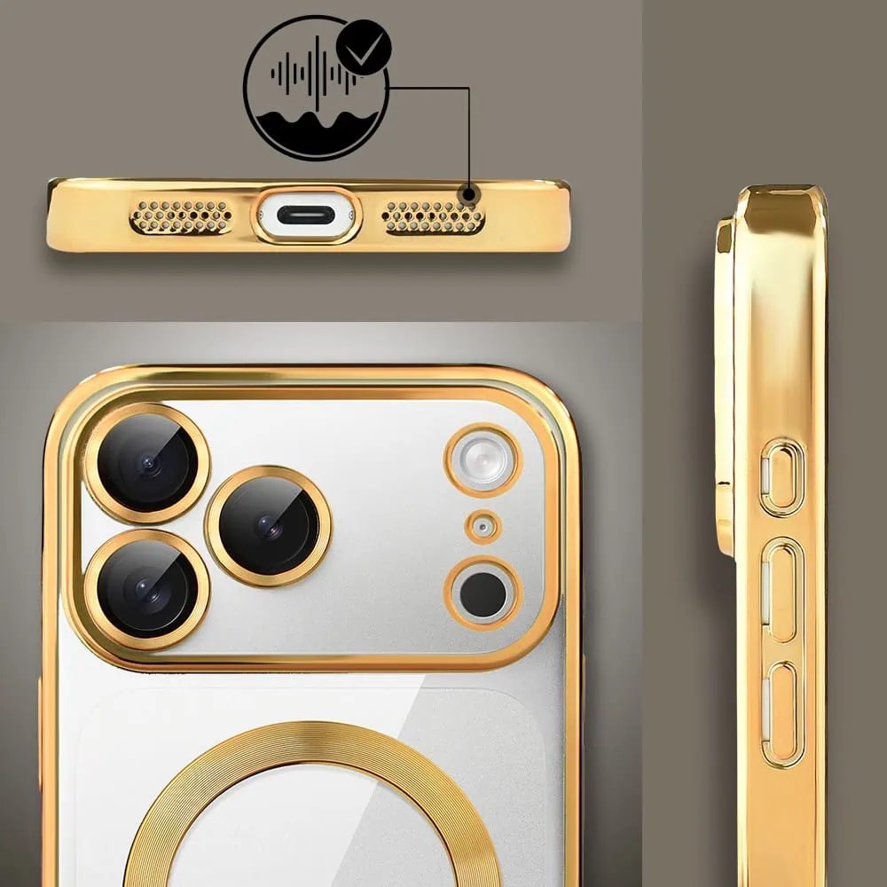 etui do iphone 18 pro max magsafe luxury protect przeźroczyste, hybrydowa ochrona kamery, złote