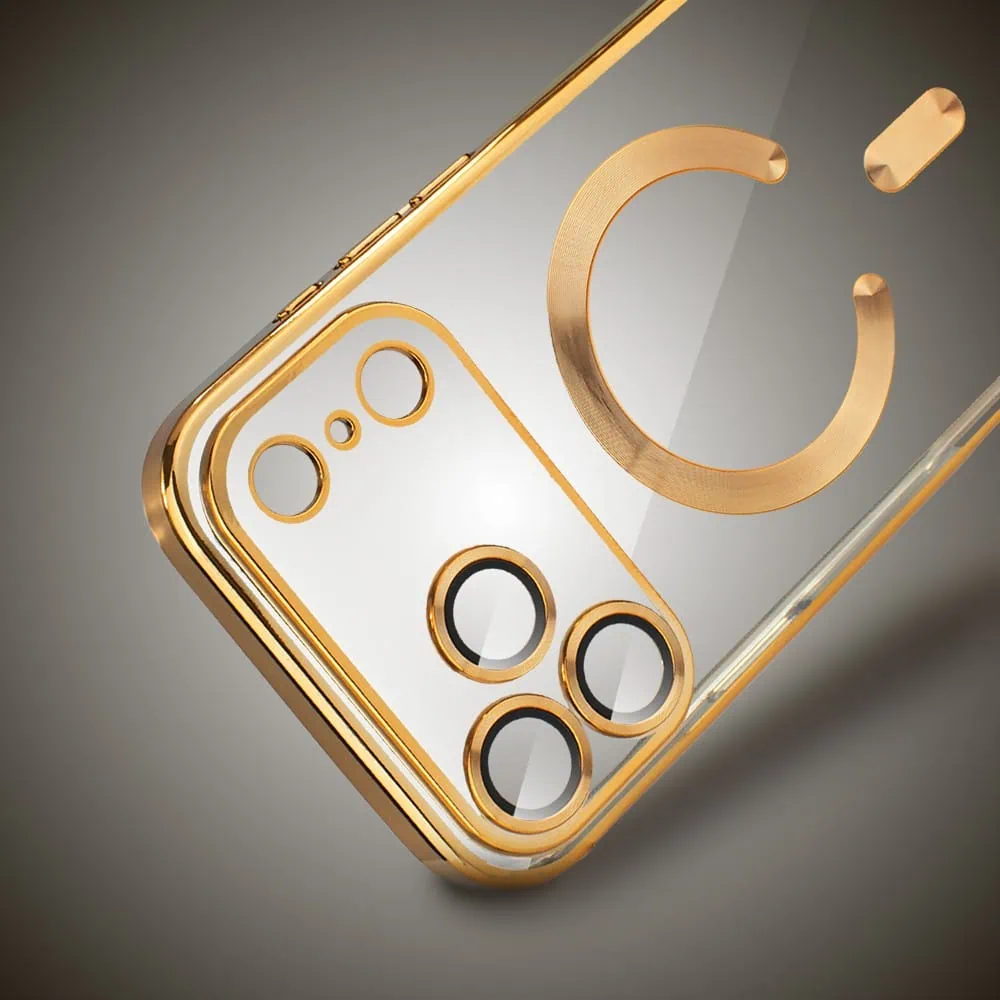 etui do iphone 18 pro max magsafe luxury protect przeźroczyste, hybrydowa ochrona kamery, złote