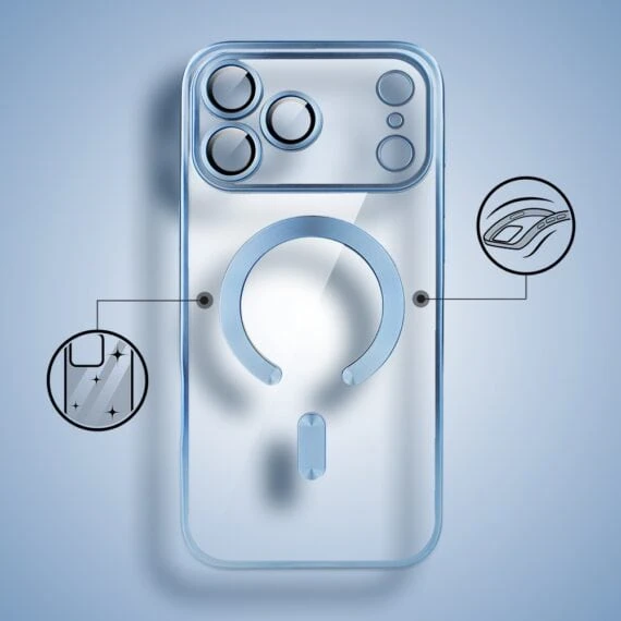 etui do iphone 18 pro max magsafe luxury protect przeźroczyste, z osłoną aparatu, titanium finish, błękit lodowca