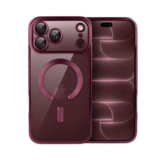 etui do iphone 18 pro max magsafe luxury protect przeźroczyste, z osłoną aparatu, titanium finish, burgundowe