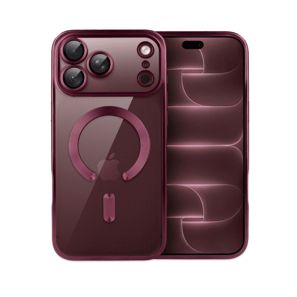 Etui do iPhone 18 Pro MagSafe Luxury Protect przeźroczyste, z osłoną aparatu, Titanium Finish, burgundowe