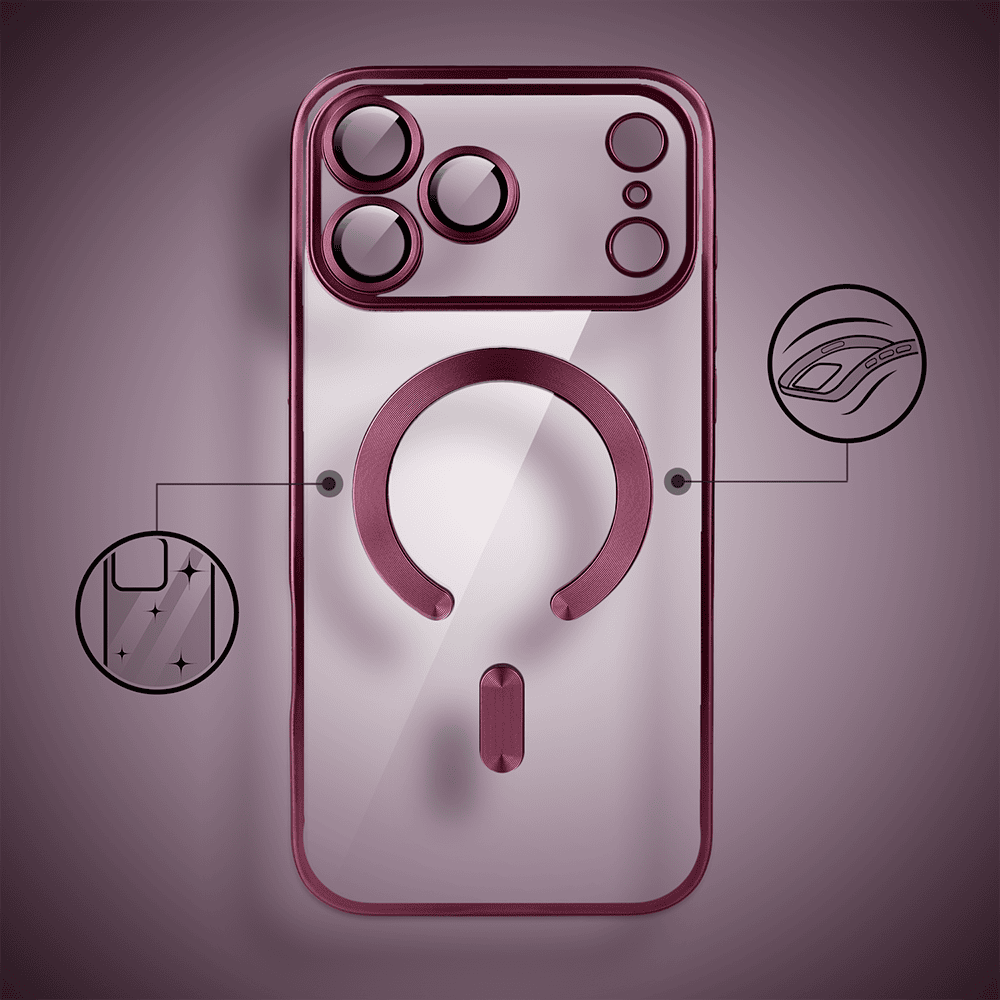 etui do iphone 18 pro max magsafe luxury protect przeźroczyste, z osłoną aparatu, titanium finish, burgundowe
