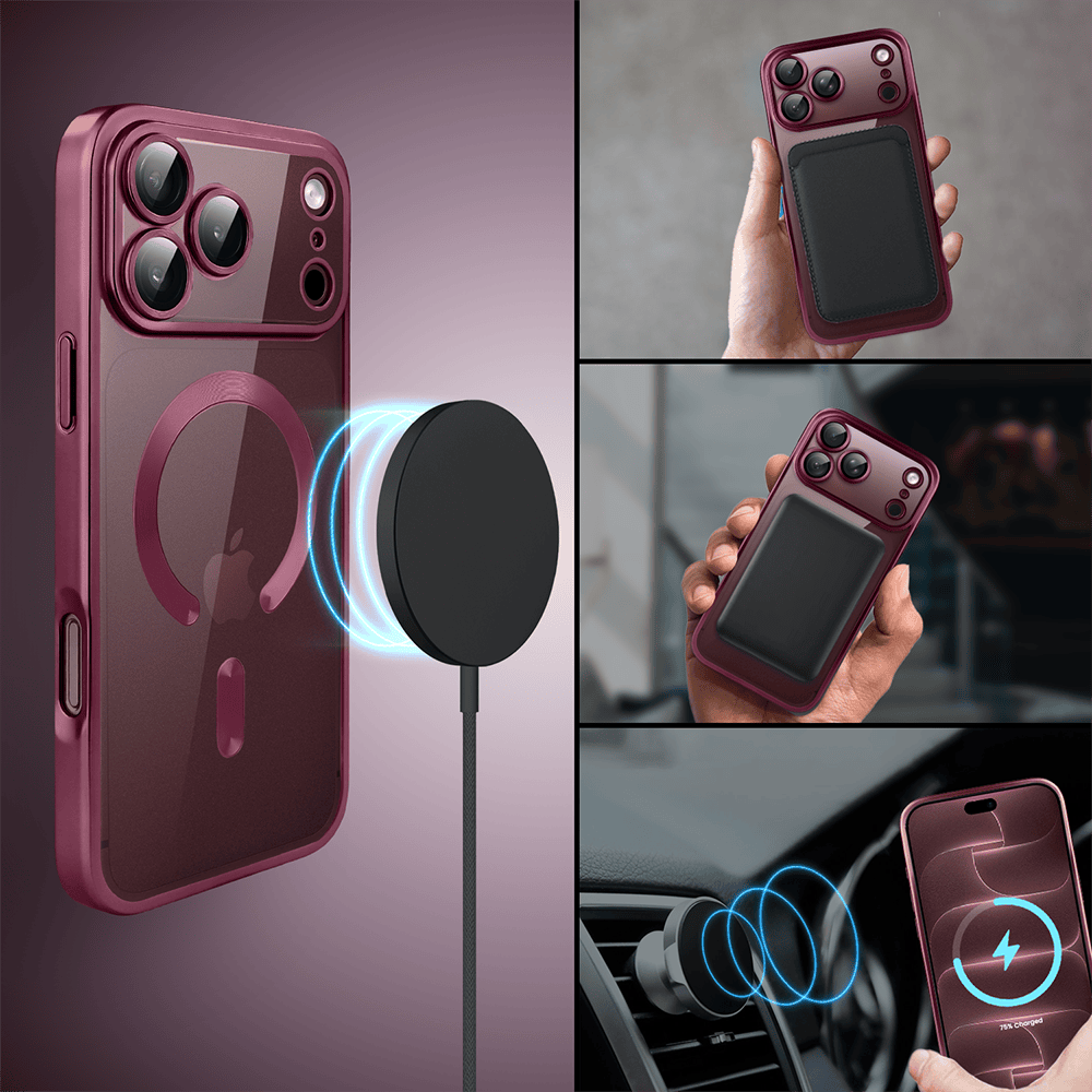 etui do iphone 18 pro max magsafe luxury protect przeźroczyste, z osłoną aparatu, titanium finish, burgundowe