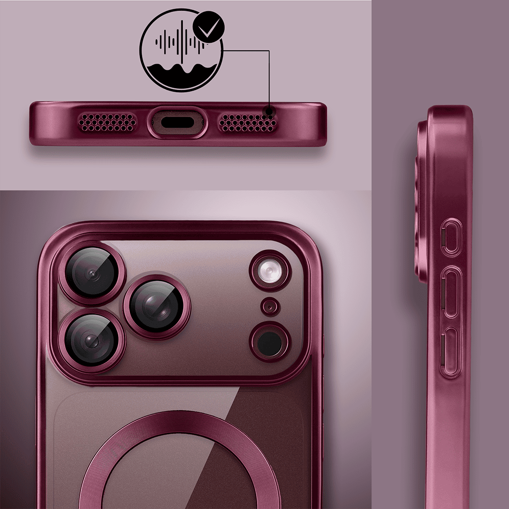 etui do iphone 18 pro max magsafe luxury protect przeźroczyste, z osłoną aparatu, titanium finish, burgundowe