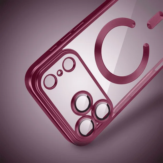 etui do iphone 18 pro max magsafe luxury protect przeźroczyste, z osłoną aparatu, titanium finish, burgundowe