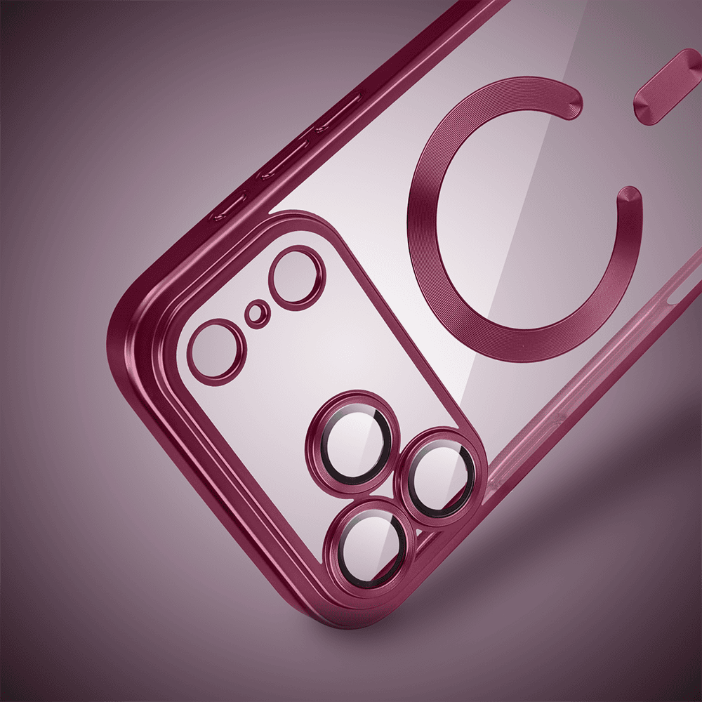 etui do iphone 18 pro max magsafe luxury protect przeźroczyste, z osłoną aparatu, titanium finish, burgundowe