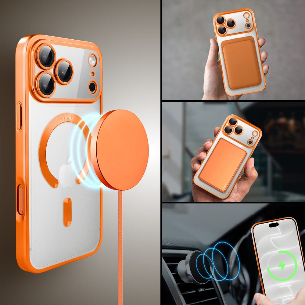 etui do iphone 18 pro max magsafe luxury protect przeźroczyste, z osłoną aparatu, titanium finish, pomarańczowe