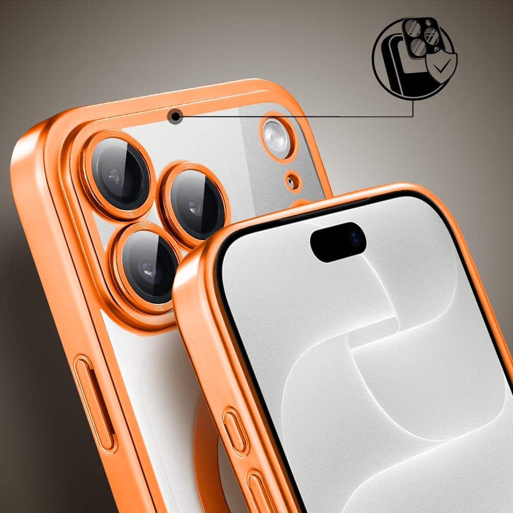 etui do iphone 18 pro max magsafe luxury protect przeźroczyste, z osłoną aparatu, titanium finish, pomarańczowe
