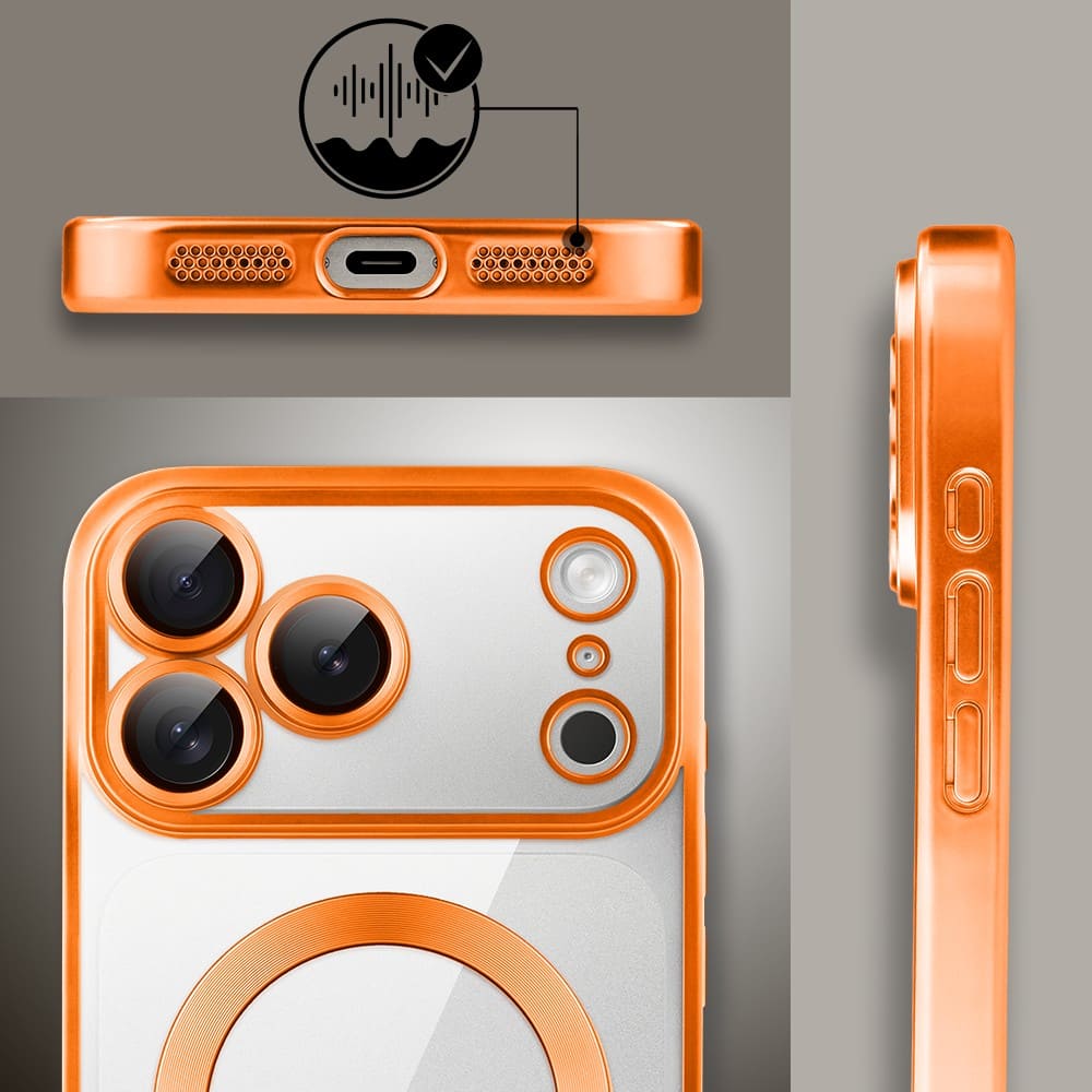 etui do iphone 18 pro max magsafe luxury protect przeźroczyste, z osłoną aparatu, titanium finish, pomarańczowe