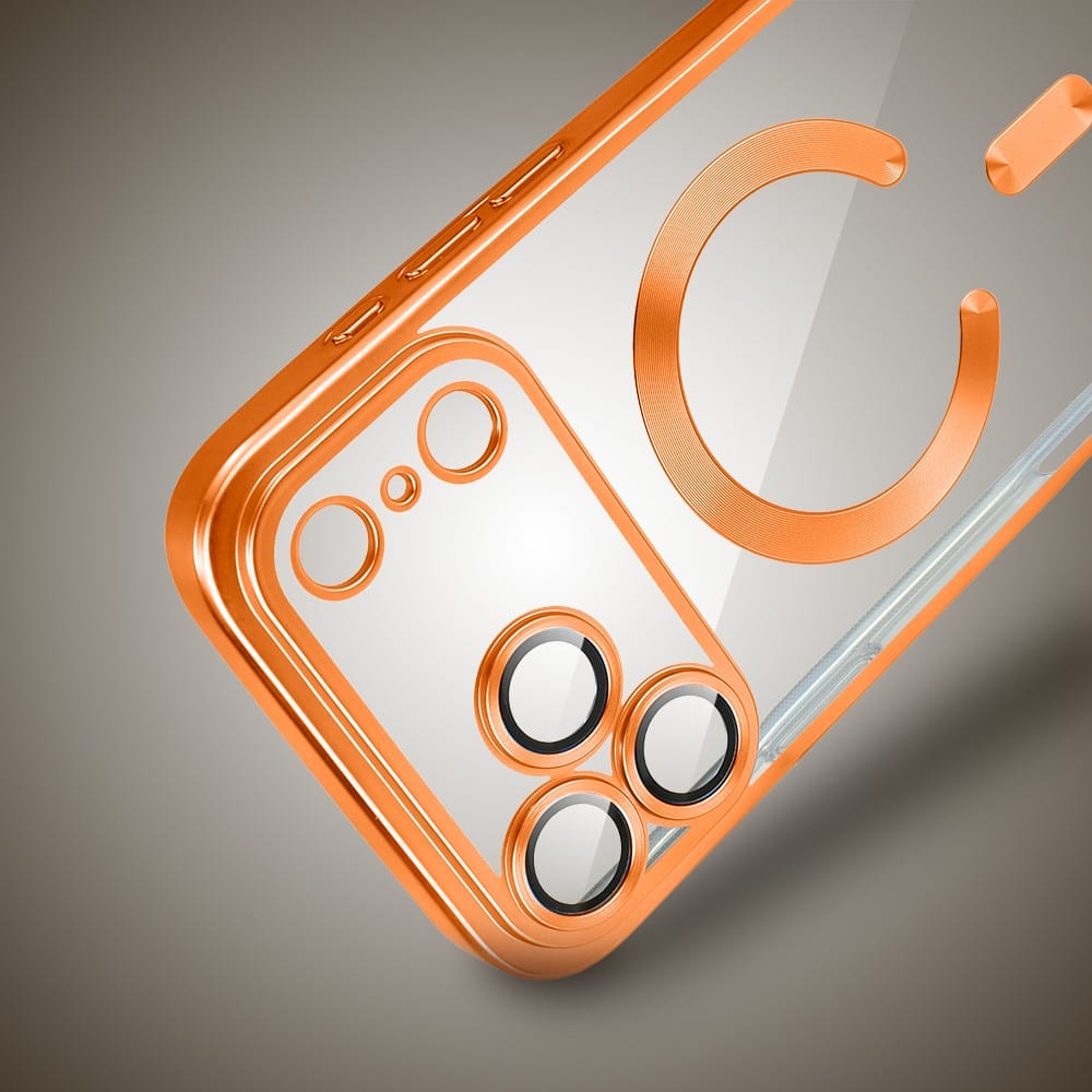 etui do iphone 18 pro max magsafe luxury protect przeźroczyste, z osłoną aparatu, titanium finish, pomarańczowe
