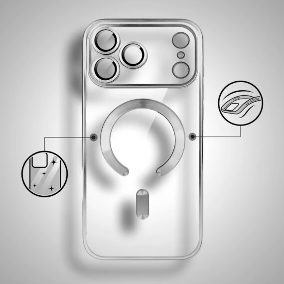 etui do iphone 18 pro max magsafe luxury protect przeźroczyste, z osłoną aparatu, titanium finish, srebrne