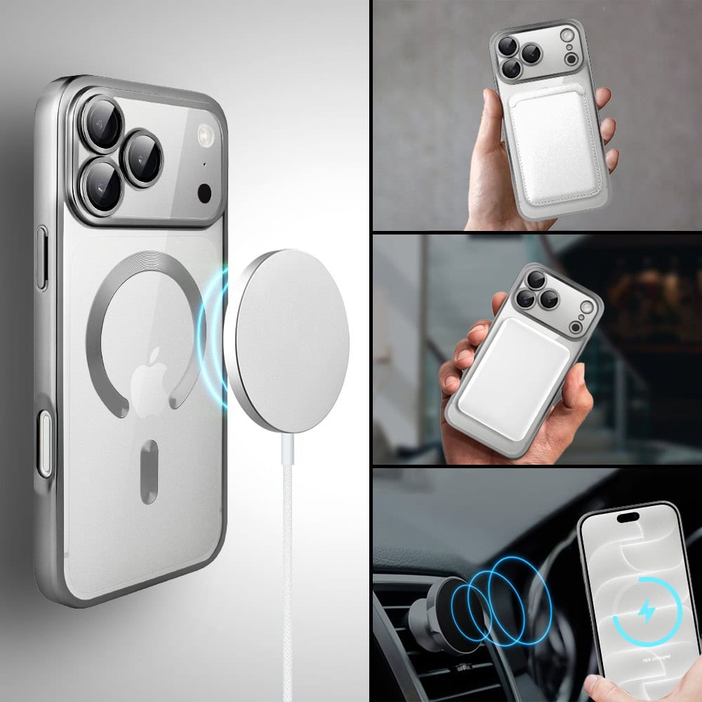 etui do iphone 18 pro max magsafe luxury protect przeźroczyste, z osłoną aparatu, titanium finish, srebrne