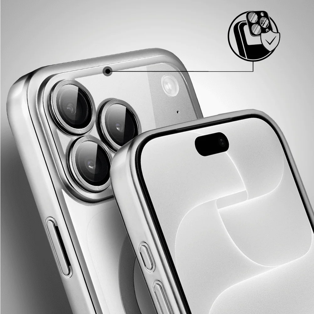 etui do iphone 18 pro max magsafe luxury protect przeźroczyste, z osłoną aparatu, titanium finish, srebrne