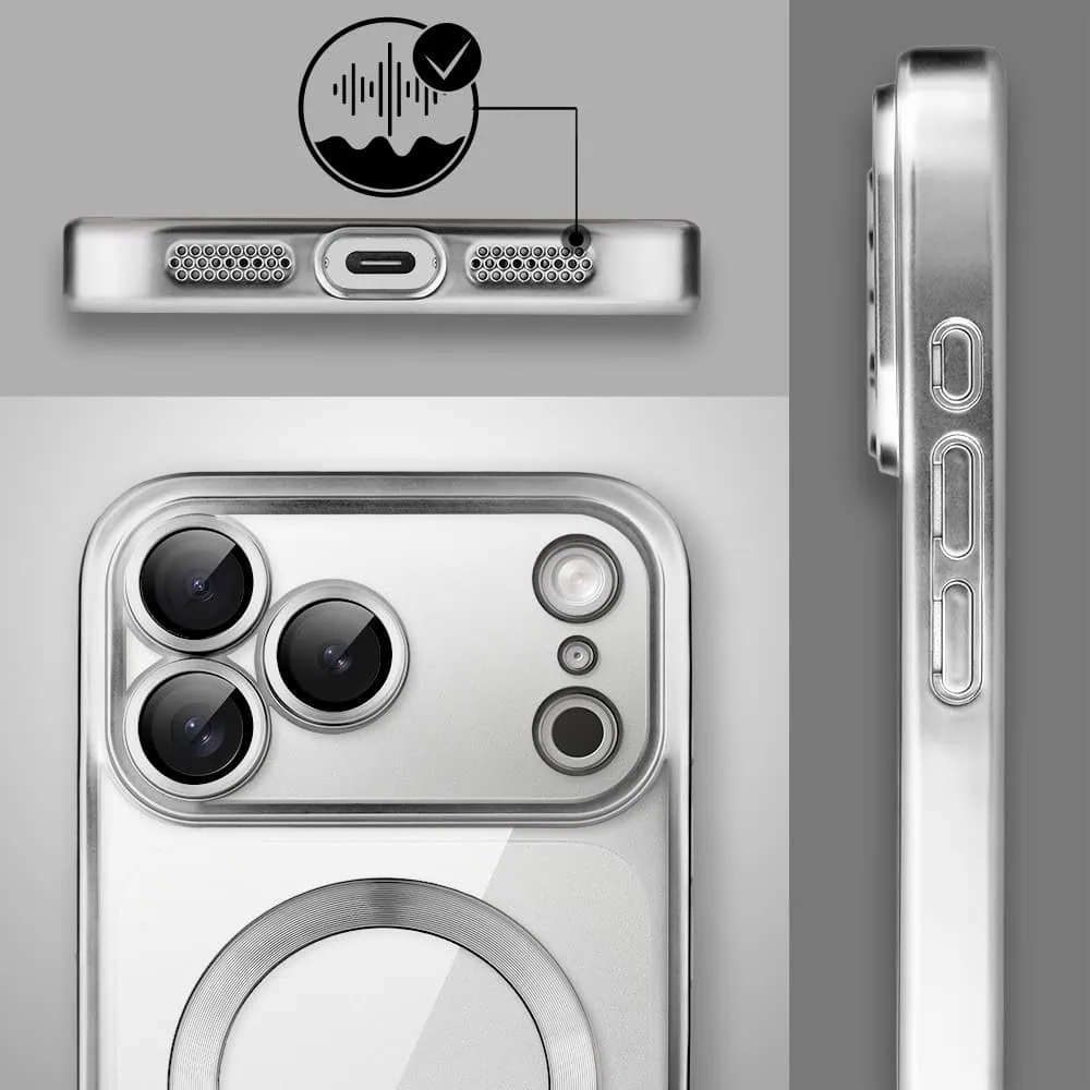 etui do iphone 18 pro max magsafe luxury protect przeźroczyste, z osłoną aparatu, titanium finish, srebrne
