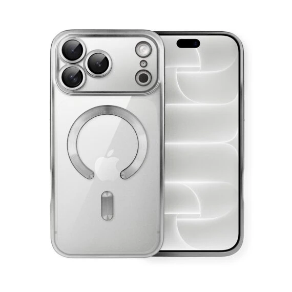 etui do iphone 18 pro max magsafe luxury protect przeźroczyste, z osłoną aparatu, titanium finish, srebrne