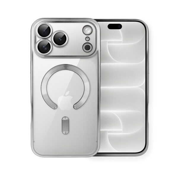 Etui do iPhone 18 Pro Max MagSafe Luxury Protect przeźroczyste, z osłoną aparatu, Titanium Finish, srebrne