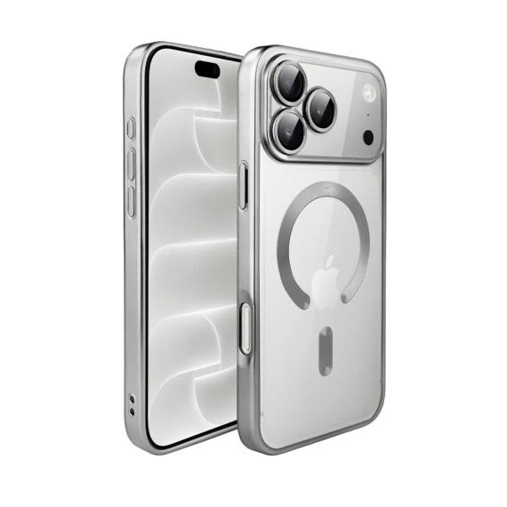 etui do iphone 18 pro max magsafe luxury protect przeźroczyste, z osłoną aparatu, titanium finish, srebrne