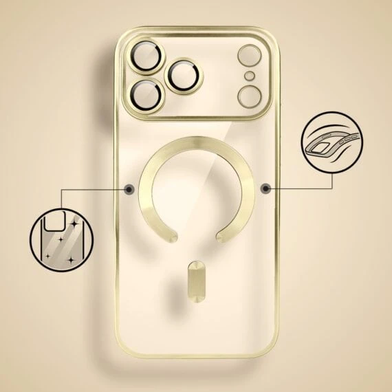 etui do iphone 18 pro max magsafe luxury protect przeźroczyste, z osłoną aparatu, titanium finish, złote