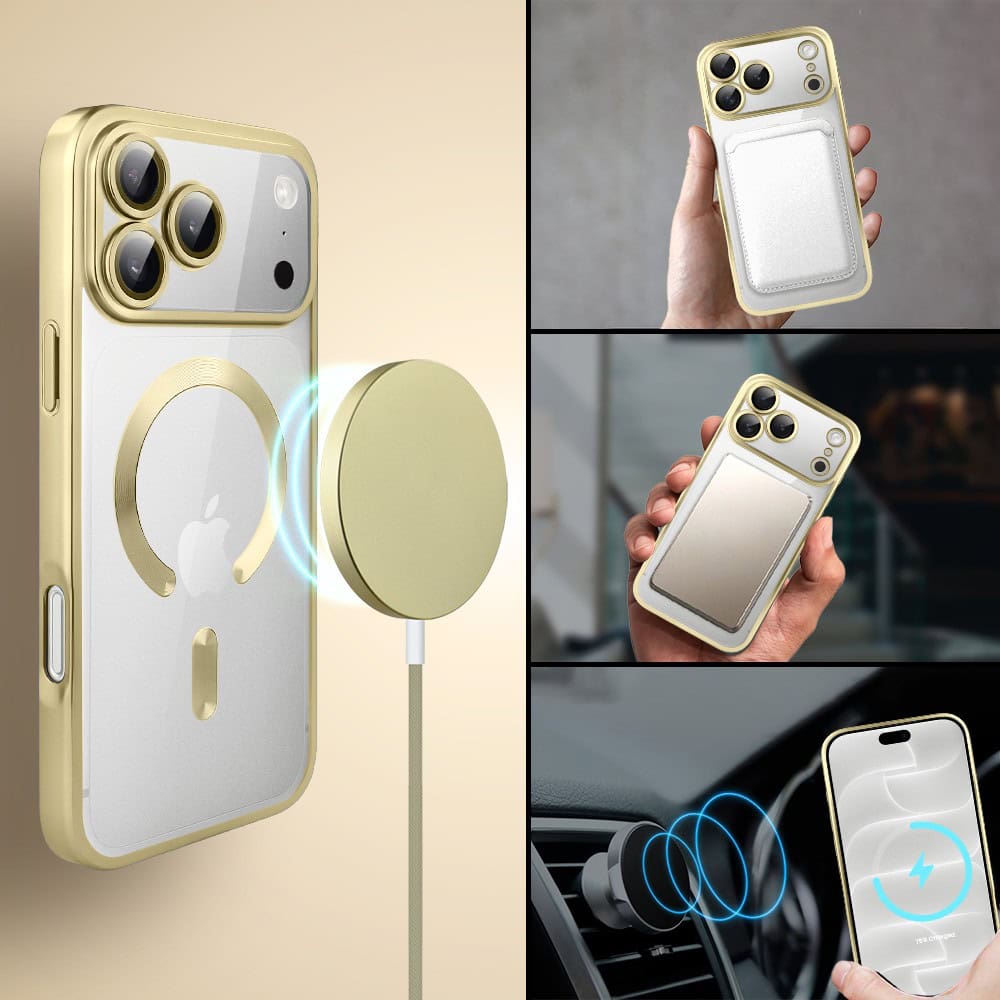 etui do iphone 18 pro max magsafe luxury protect przeźroczyste, z osłoną aparatu, titanium finish, złote