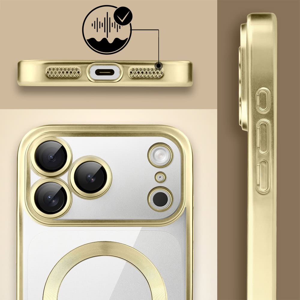 etui do iphone 18 pro max magsafe luxury protect przeźroczyste, z osłoną aparatu, titanium finish, złote