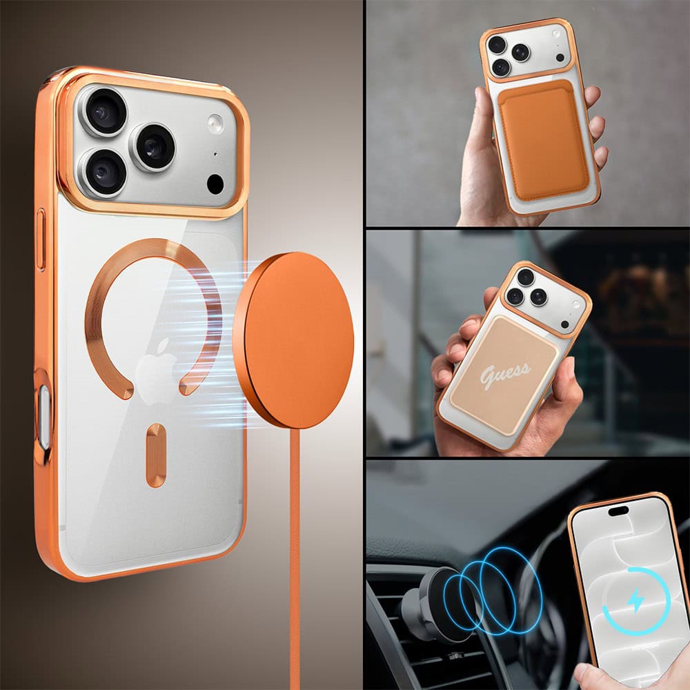 etui do iphone 18 pro max, magsafe luxury, przeźroczyste, pomarańczowe
