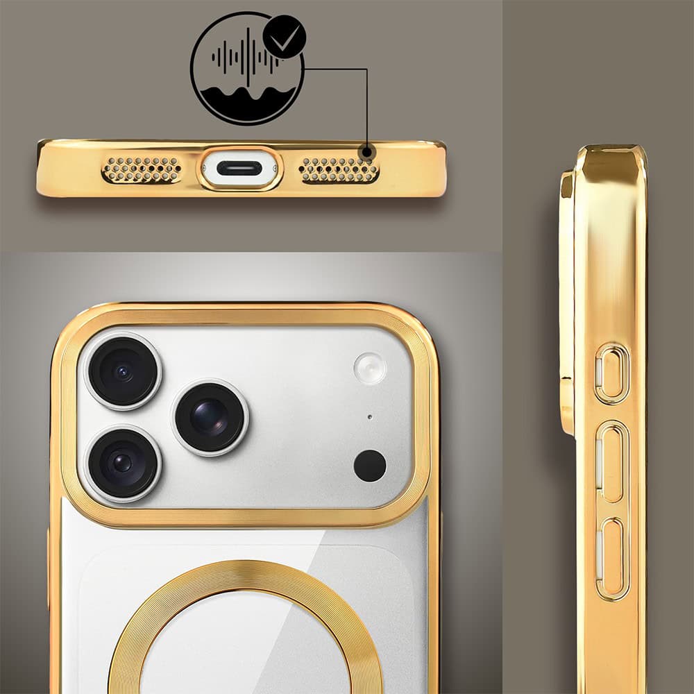 etui do iphone 18 pro max, magsafe luxury, przeźroczyste, złote