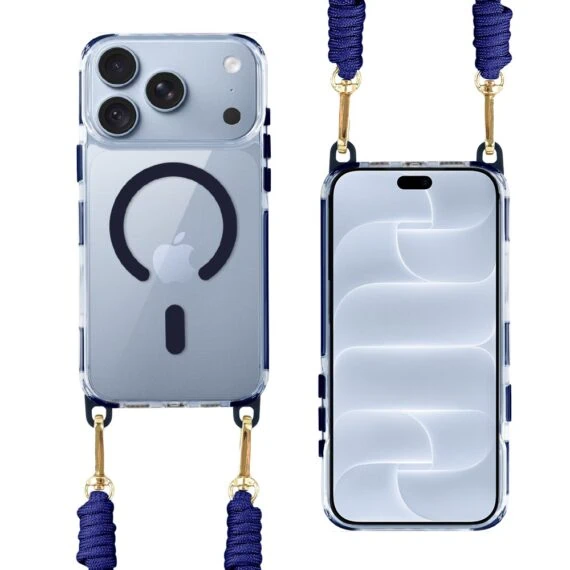 etui do iphone 18 pro max, magsafe, ze smyczą, na ramię, crossbody, granatowe