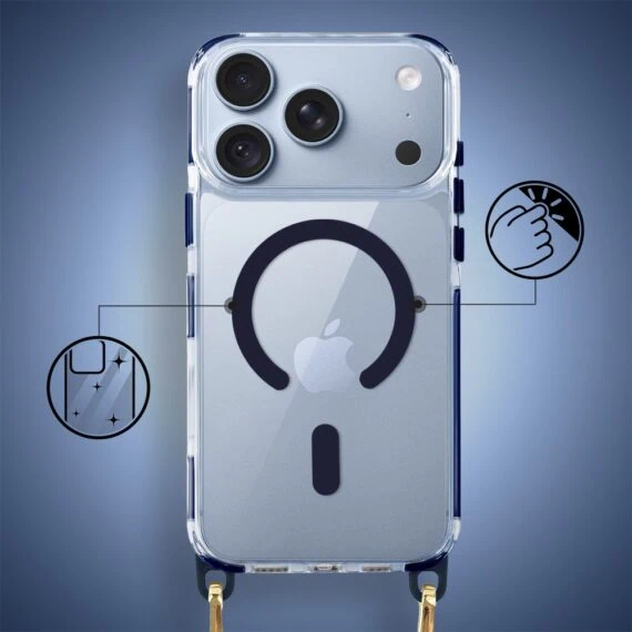 etui do iphone 18 pro max, magsafe, ze smyczą, na ramię, crossbody, granatowe