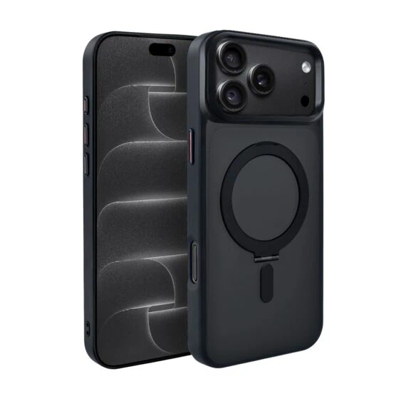 etui do iphone 18 pro max metal cam magsafe stand z podstawką, twarde, półprzeźroczyste, czarne