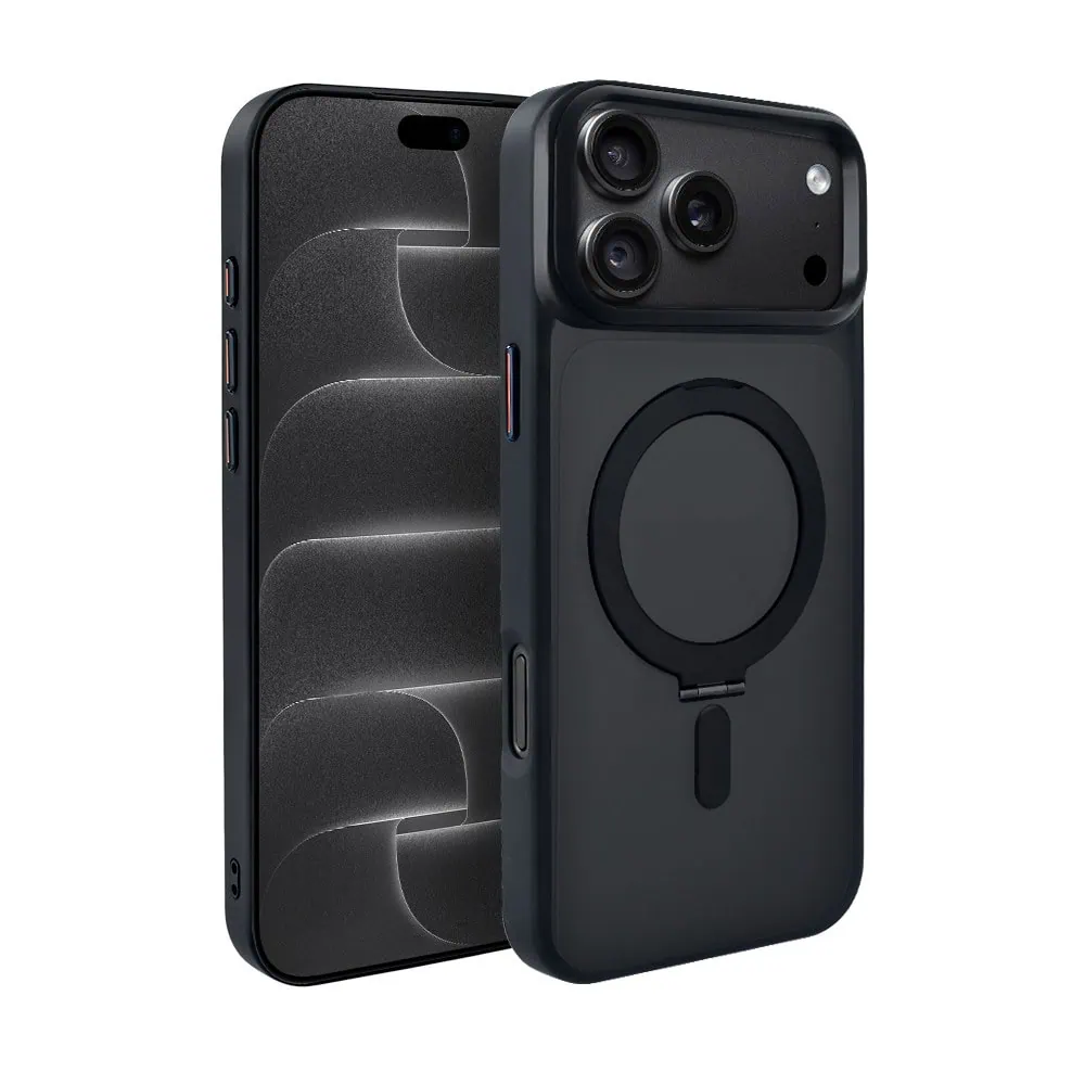 etui do iphone 18 pro max metal cam magsafe stand z podstawką, twarde, półprzeźroczyste, czarne