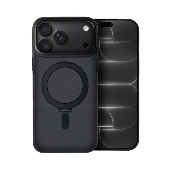 etui do iphone 18 pro max metal cam magsafe stand z podstawką, twarde, półprzeźroczyste, czarne