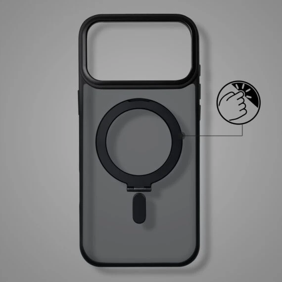 etui do iphone 18 pro max metal cam magsafe stand z podstawką, twarde, półprzeźroczyste, czarne