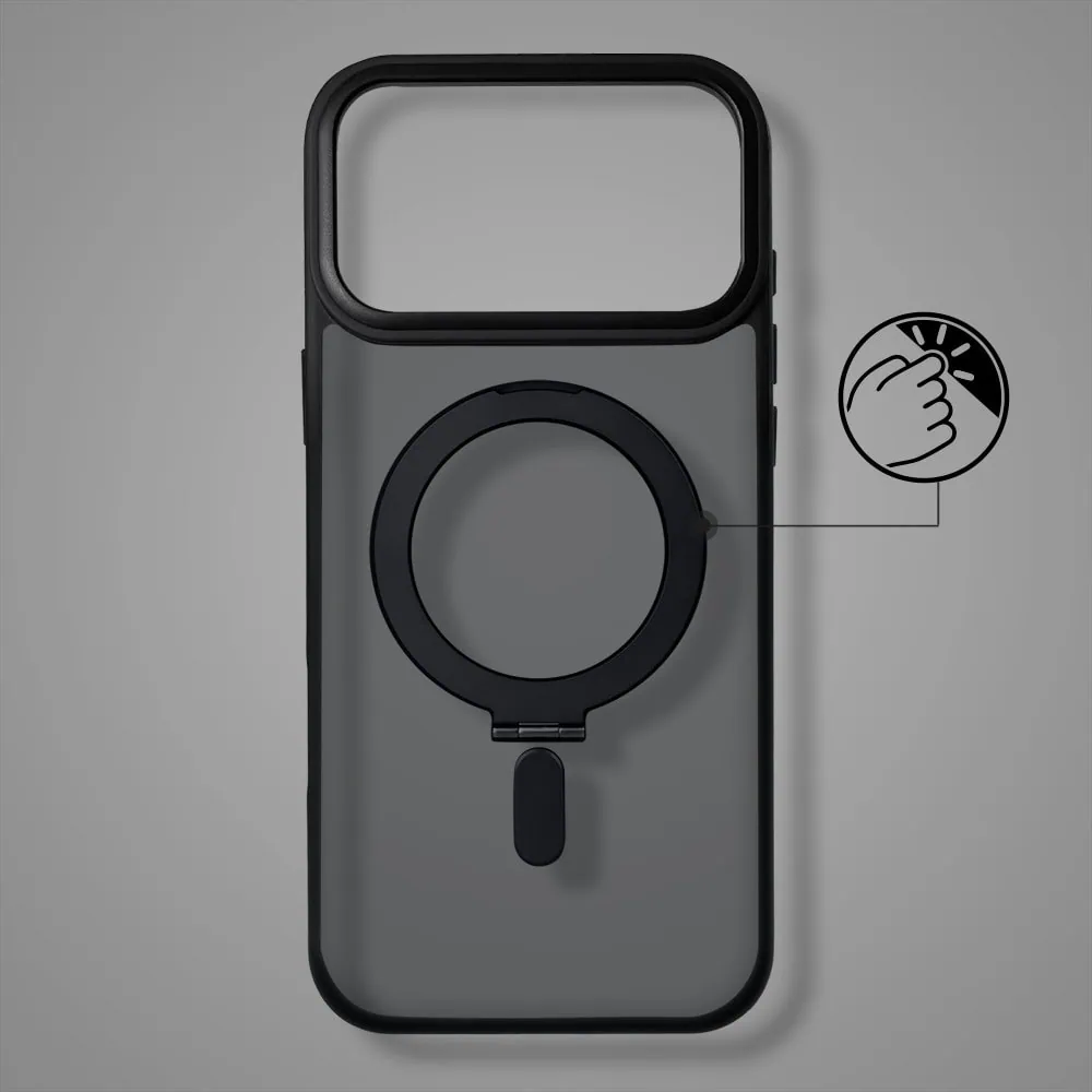 etui do iphone 18 pro max metal cam magsafe stand z podstawką, twarde, półprzeźroczyste, czarne