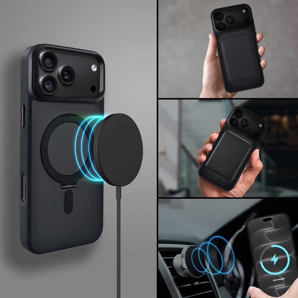 etui do iphone 18 pro max metal cam magsafe stand z podstawką, twarde, półprzeźroczyste, czarne