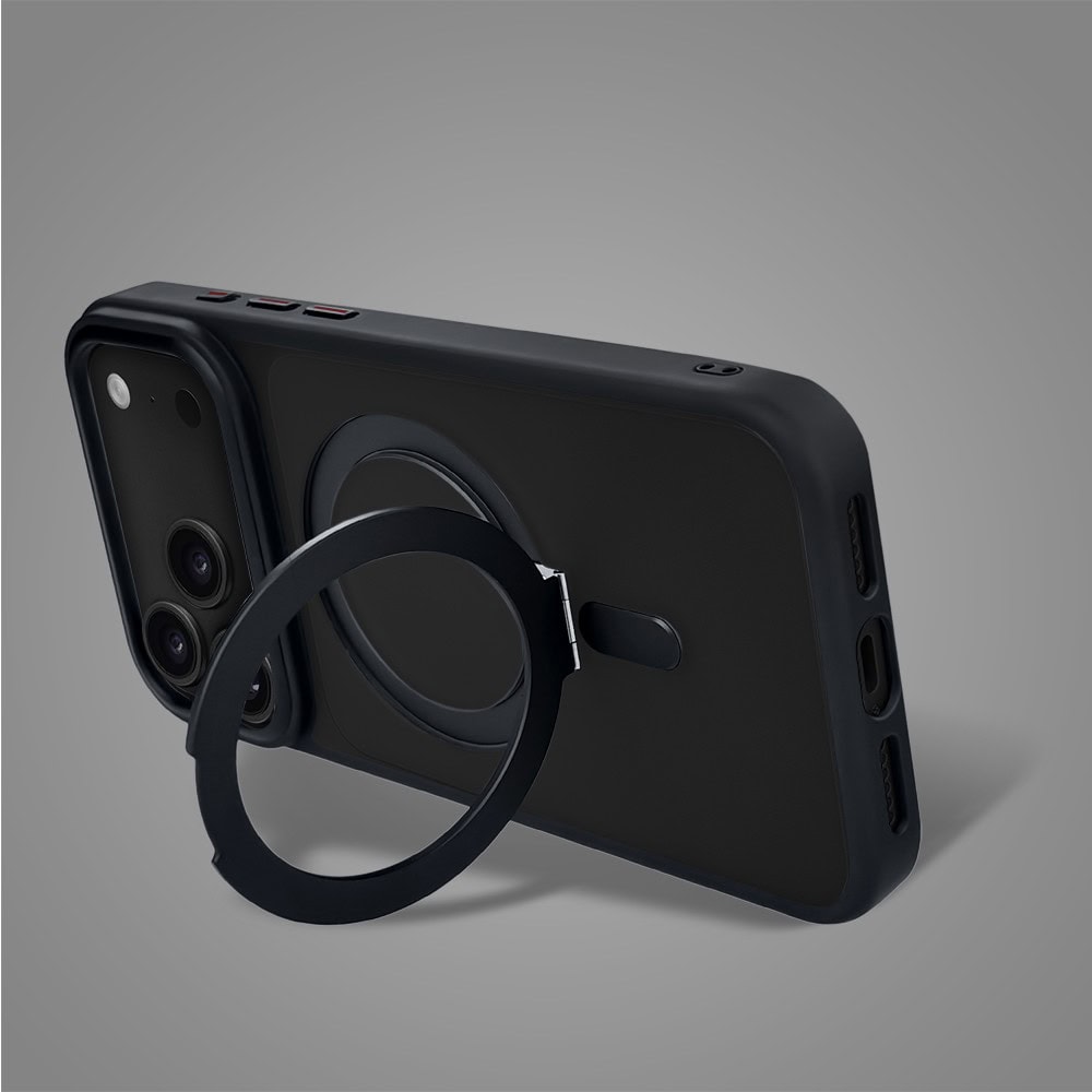 etui do iphone 18 pro max metal cam magsafe stand z podstawką, twarde, półprzeźroczyste, czarne