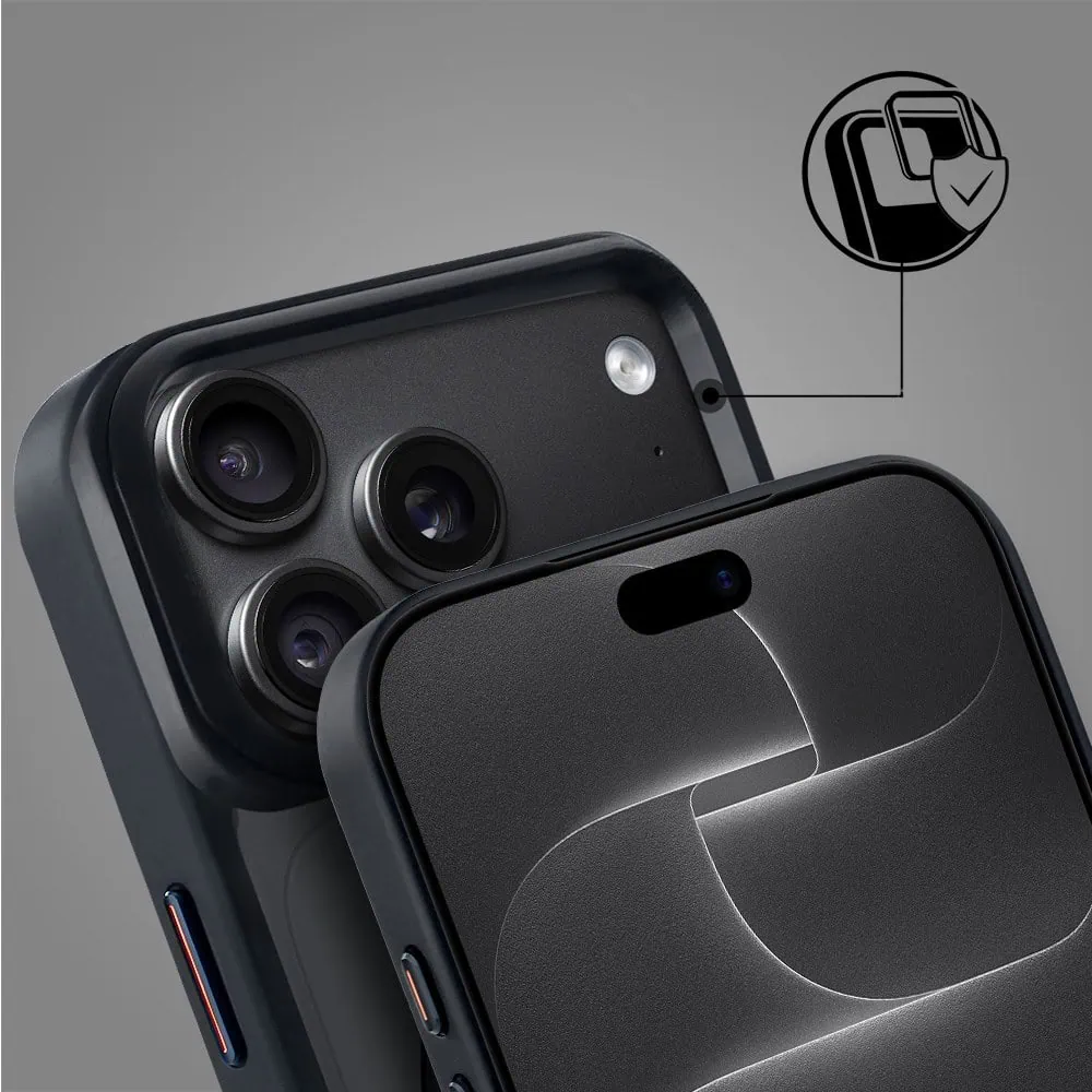etui do iphone 18 pro max metal cam magsafe stand z podstawką, twarde, półprzeźroczyste, czarne