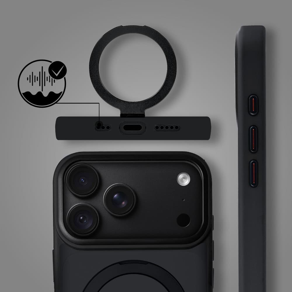 etui do iphone 18 pro max metal cam magsafe stand z podstawką, twarde, półprzeźroczyste, czarne