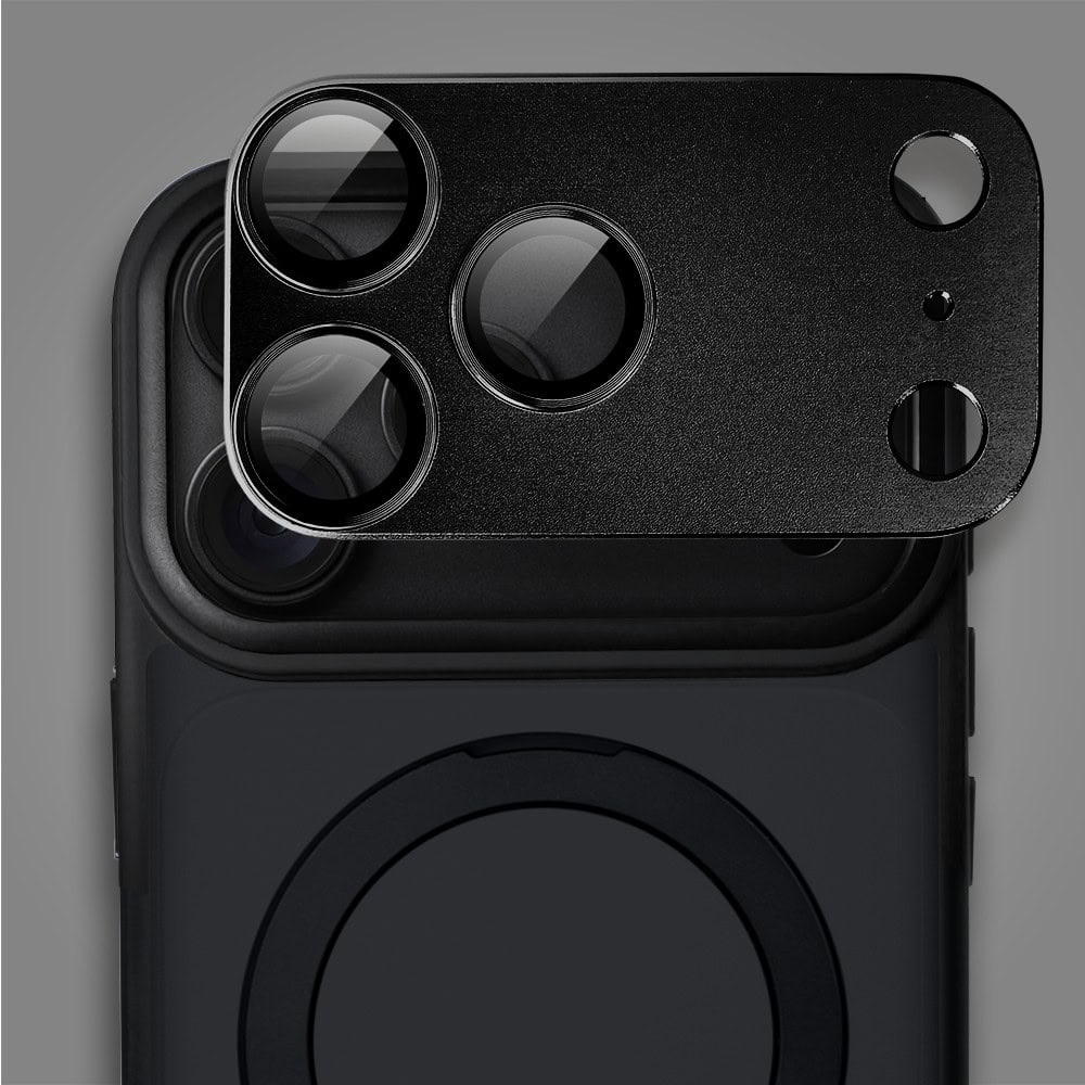etui do iphone 18 pro max metal cam magsafe stand z podstawką, twarde, półprzeźroczyste, czarne