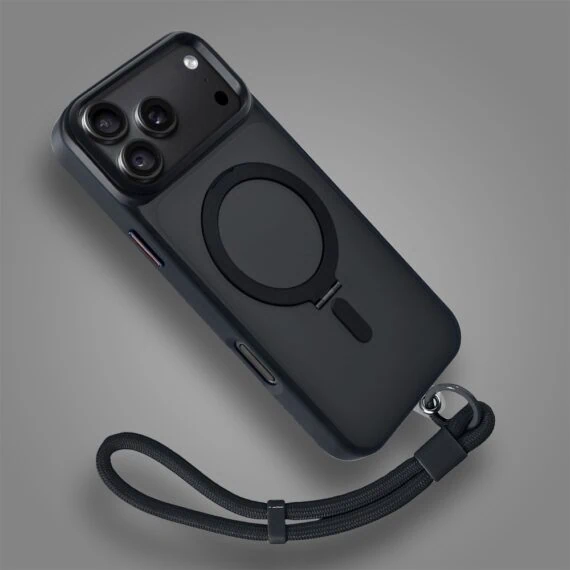 etui do iphone 18 pro max metal cam magsafe stand z podstawką, twarde, półprzeźroczyste, czarne