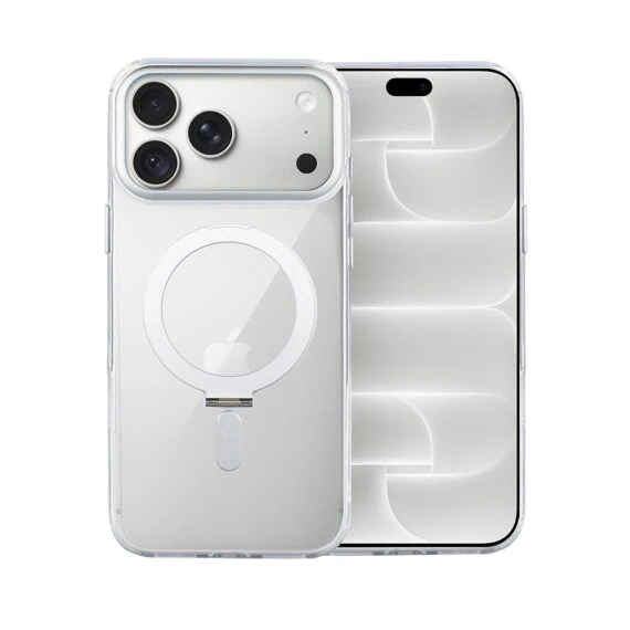 etui do iphone 18 pro max metal clear cam magsafe stand z podstawką, twarde, przeźroczyste